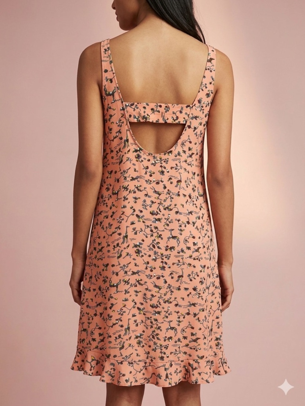 Sold Anthropologie Floreat Peach Pink Bird Floral Slip Dress Ruffle Hem Cutout - Picture 4 of 13
